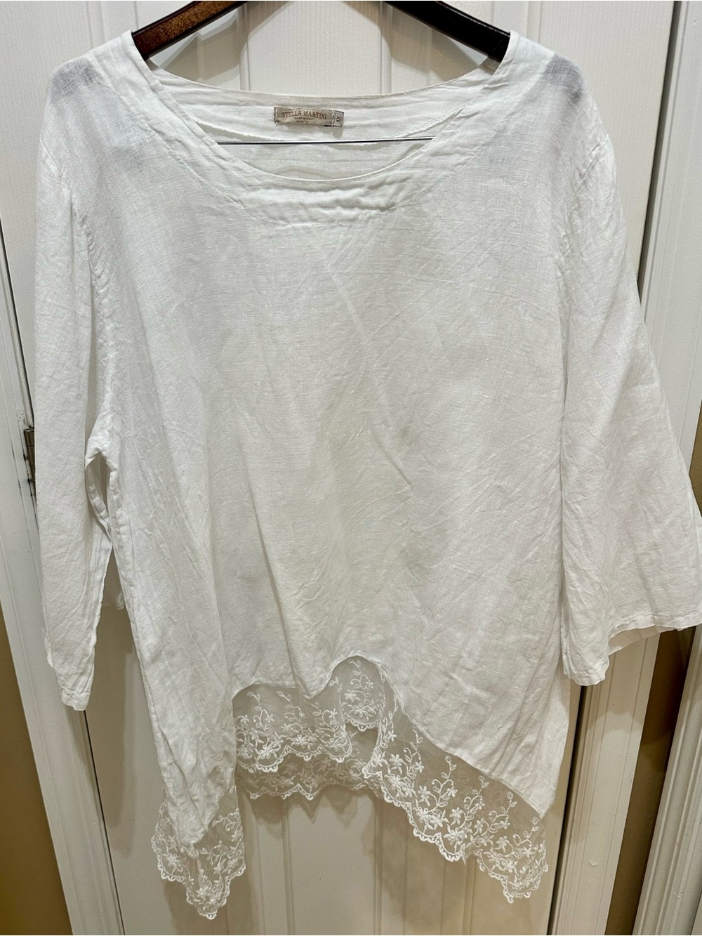 Stella Martini Italy White Linen Lace Hem Tunic Top Size 1X Made in Italy